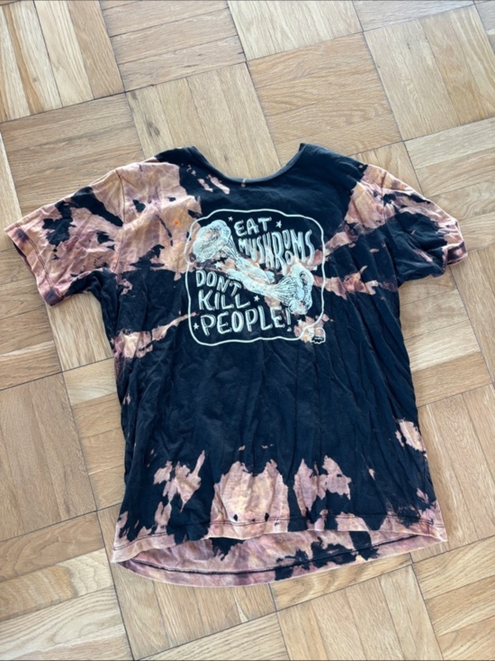 Tie-Dye Graphic Tee - "Eat Mushrooms Don't Kill People" - Black & Peach